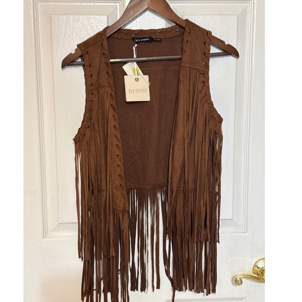 Blu Pepper Fringed Vest Womens Small Brown New Faux Suede Boho Western Vest - Picture 6 of 11